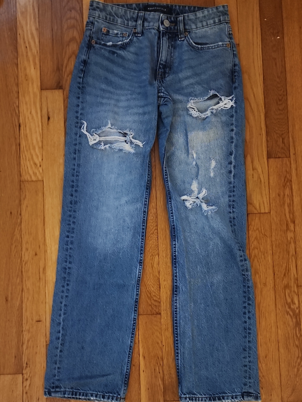 Womens's Distressed Blue Jeans - Classic Straight Fit